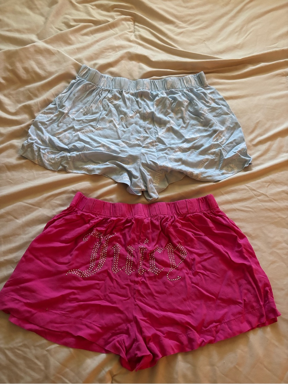 Juicy Couture Pink and Light Blue Rhinestone Logo Sleep Shorts Set